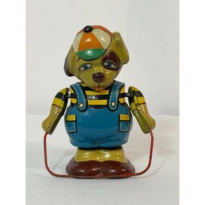 VTG T.N. Nomura Skipping Puppy Wind Up Toy Japan Dog Tin 1950s Jumping Rope 5"